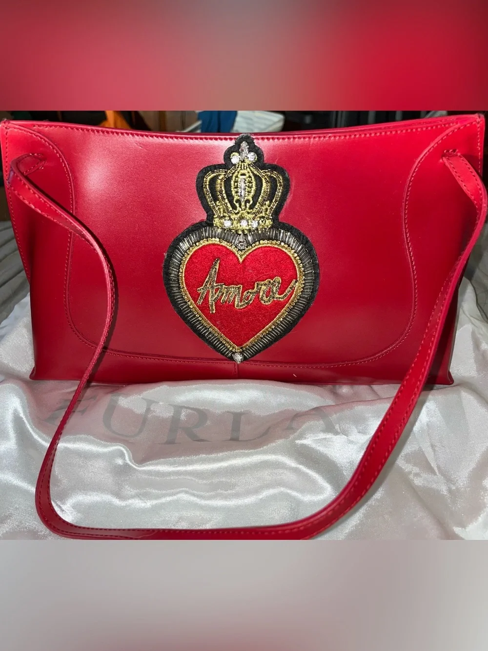 Furla NWOT Limited Edition Red 'Amore' Heart Patch Shoulder Bag With Dust Bag - Picture 1 of 9